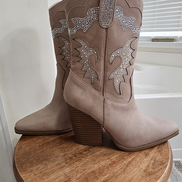 Elegant Embellished Heeled Boots in Taupe - Picture 1 of 3